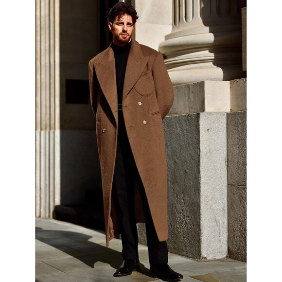 Men's Brown Wool Blend Pea Coat Notched Collar Double Breasted Trench Coats - Picture 2 of 6